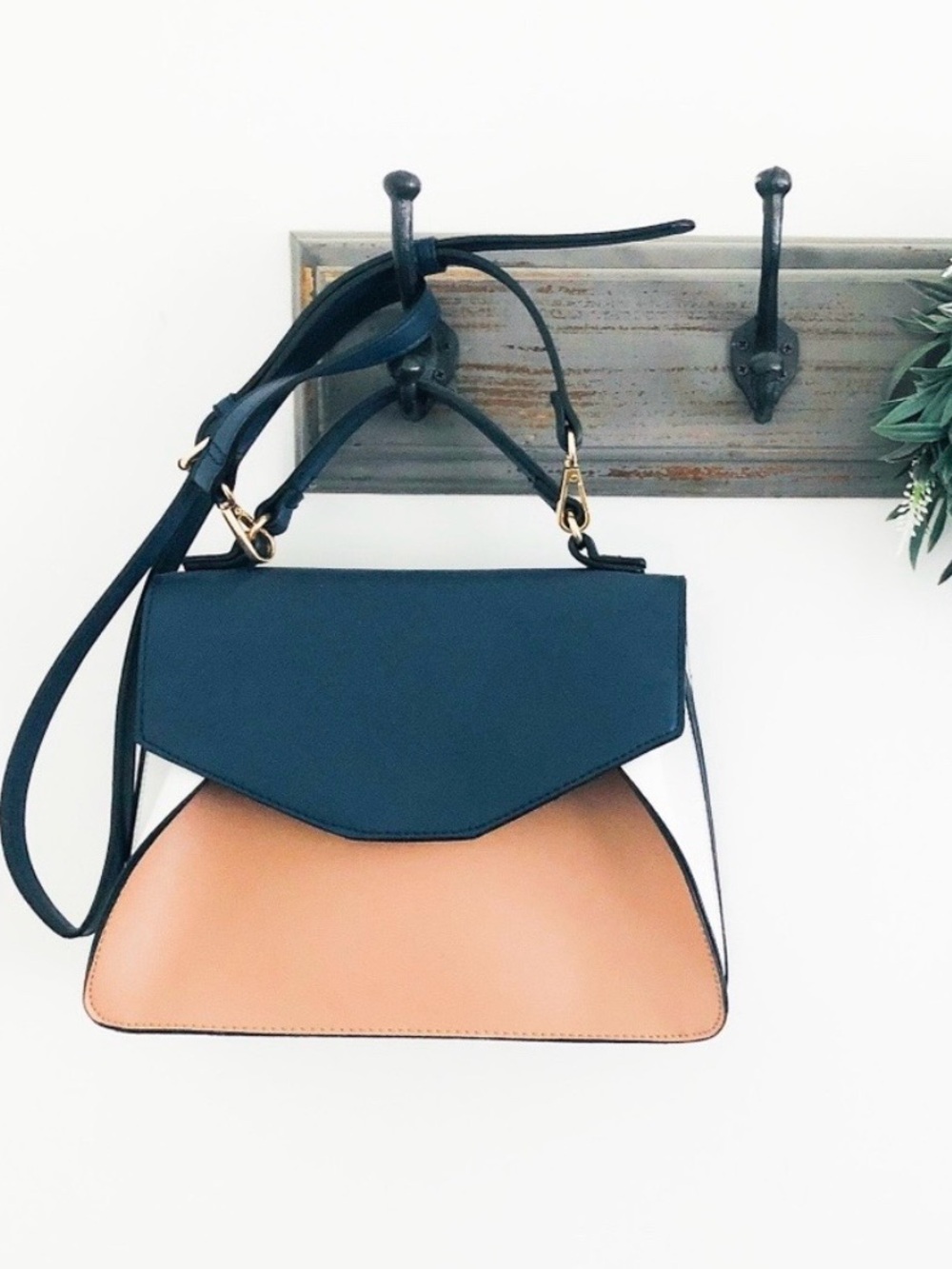Leith Two-Tone Structured Shoulder Bag in Navy, Tan, and White